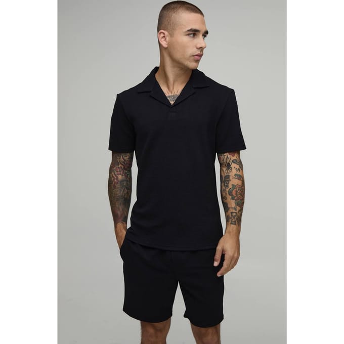 Short Sleeve Jersey Herringbone Polo Shirt & Short Set | Black | Size Medium