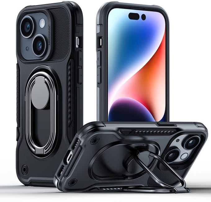 Joyroom Dual Hinge - Beschermend iPhone 14 Plus Hoesje - Zwart - Met Ringhouder