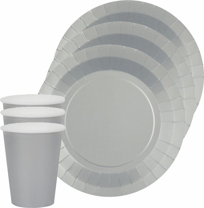 Santex feest/verjaardag servies set - 10x gebaksbordjes en bekertjes - zilver - karton