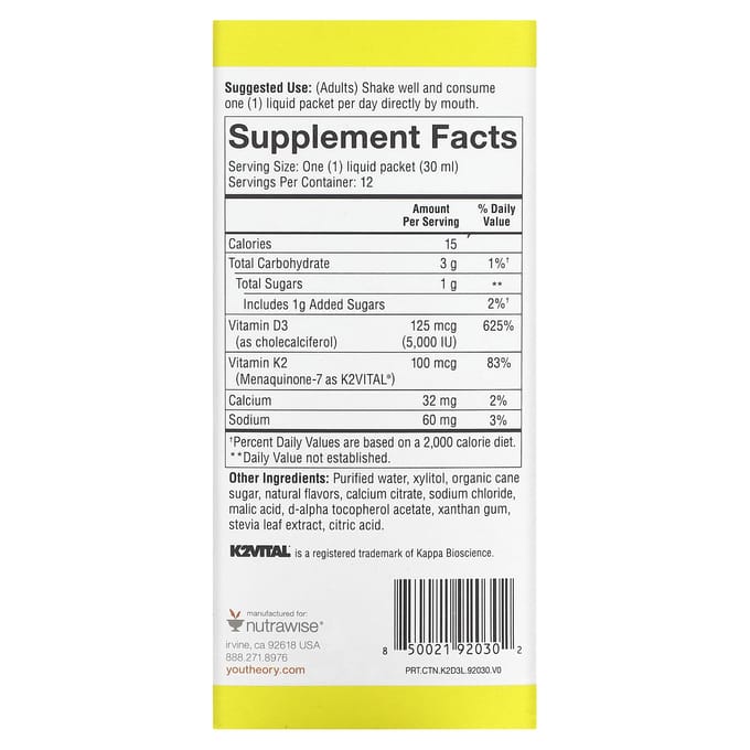Youtheory, K2D3 On the Go, Perziksmaak, 12 pakjes, 1 fl oz (30 ml) elk