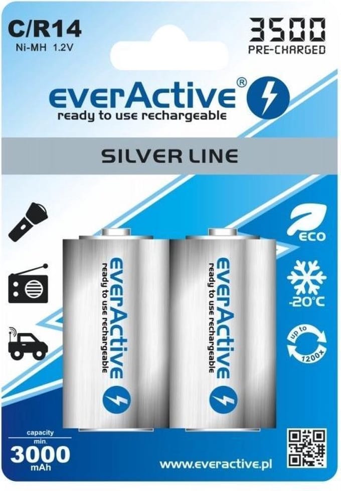 2 Stuks (1 blister) - R14 C 3500mAh everActive oplaadbare zilveren lijn