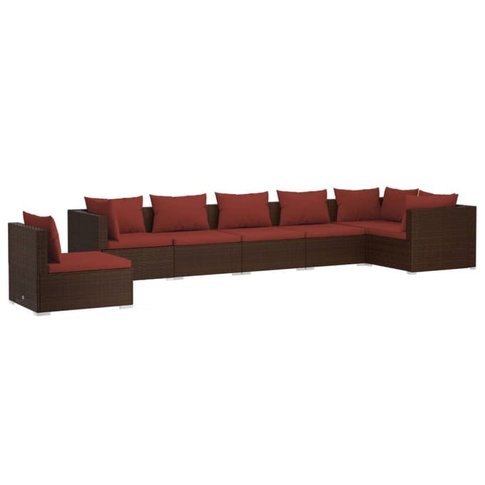 vidaXL - 7-delige - Loungeset - met - kussens - poly - rattan - bruin