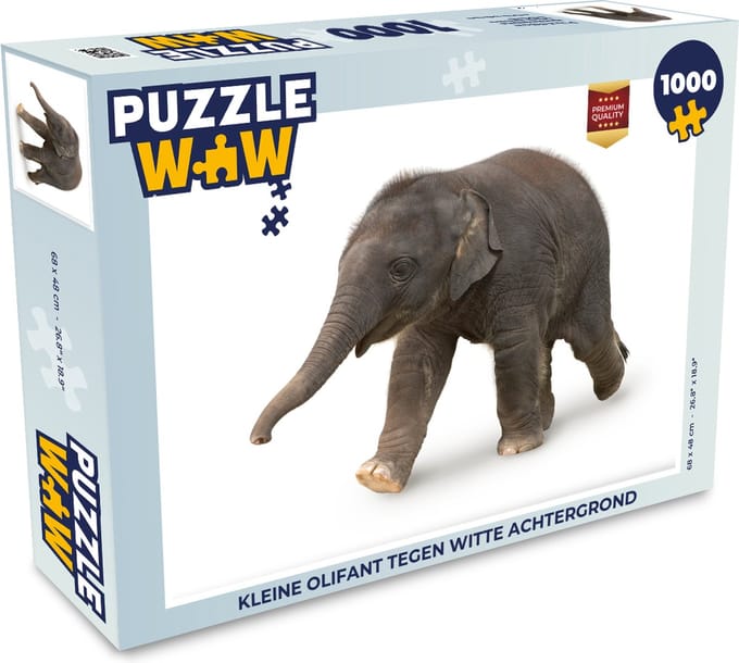Puzzel Kleine olifant tegen witte achtergrond - Legpuzzel - Puzzel 1000 stukjes volwassenen