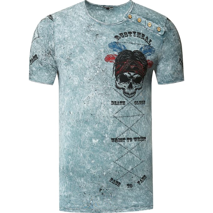 T-shirt met gewassen ronde hals, knoopsluiting en prints