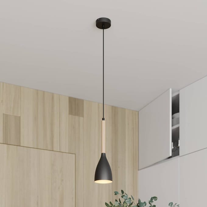 Luminex Hanglamp Muza, zwart/licht hout, Ø 11 cm