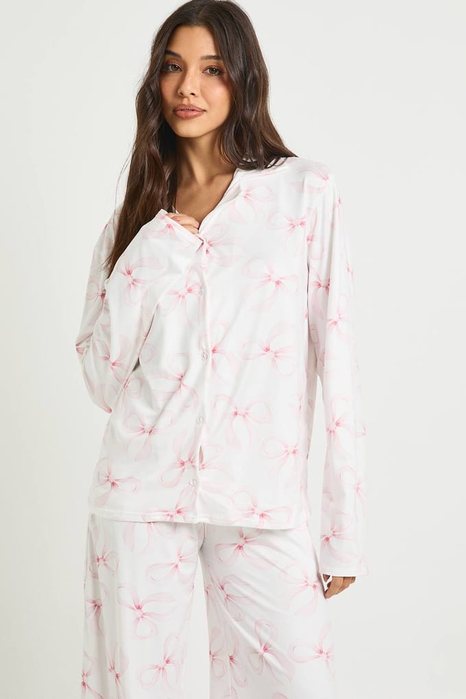 boohoo Dames Strik Print Lange Mouw Top & Broek Pyjama Set | Wit | Maat: 44