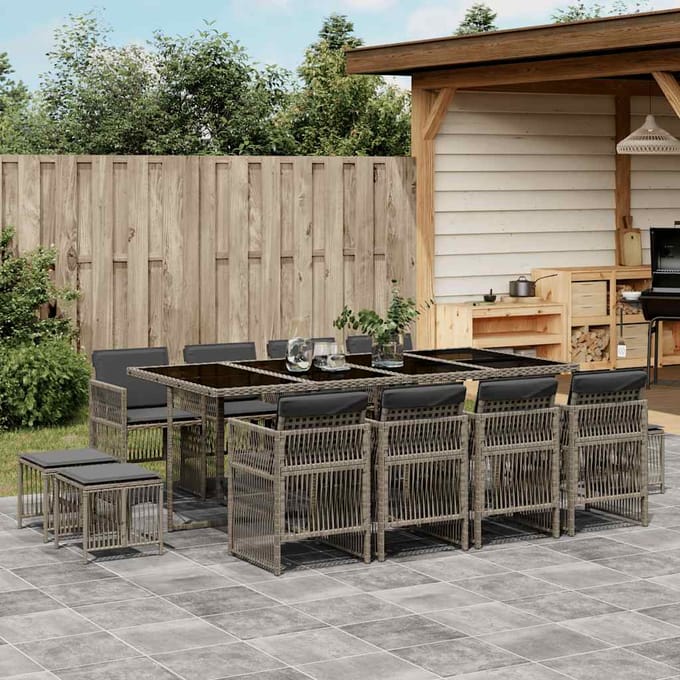 vidaXL - 13-delige - Tuinset - met - kussens - poly - rattan - grijs