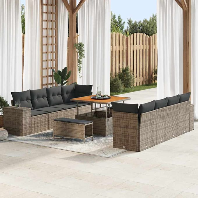 vidaXL Tuinbank Set met kussen met opslag 11 pcs Grijs poly rattan