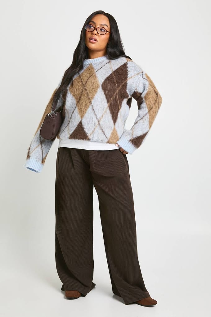 boohoo Dames Plus Geborstelde Argyle Oversized Trui | Blue | Maat: 28