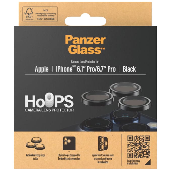 PanzerGlass Screenprotector geschikt voor Apple iPhone 15 Pro Glazen | PanzerGlass Hoops Camera Lens Protector - Case Friendly - Zwart
