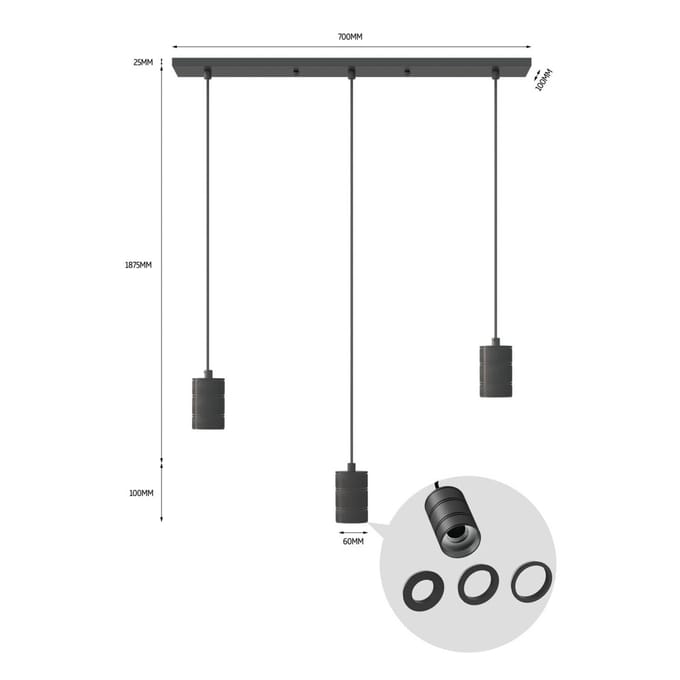 Calex Retro Plafondlamp - 3x E27 - Hanglamp Industrieel - 10 x 70 cm Pendellamp - Zwart