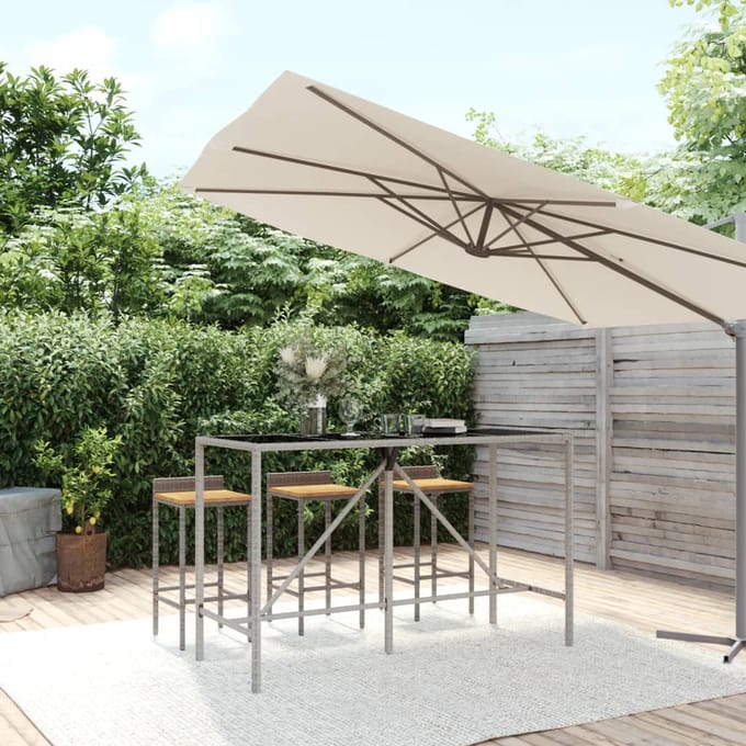 vidaXL - Bartafel - met - glazen - blad - 180x70x110 - cm - poly - rattan - grijs