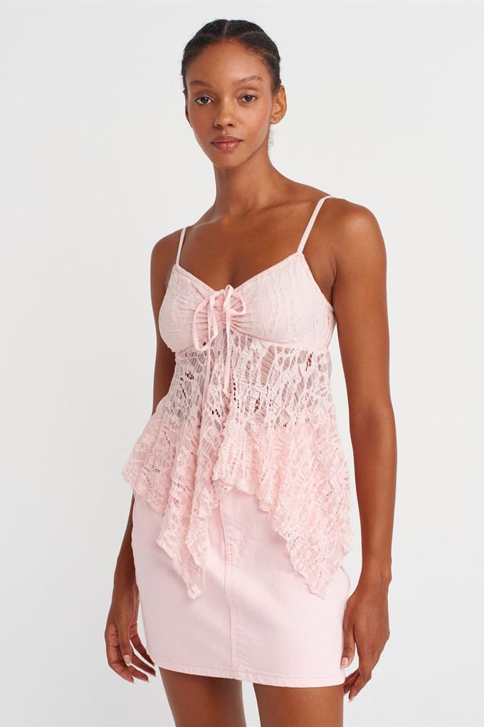 Kant Vierkante Hals Touw-Voorkant Camisole Blouse