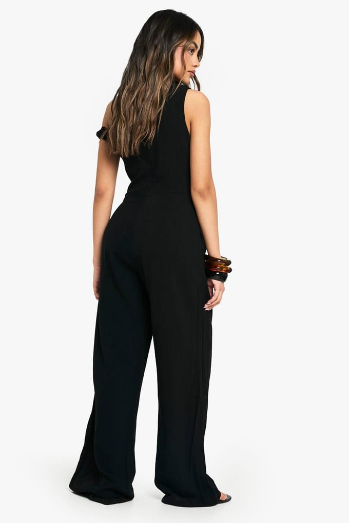 boohoo Dames Linnen look twist-band jumpsuit | Black | Maat: 8