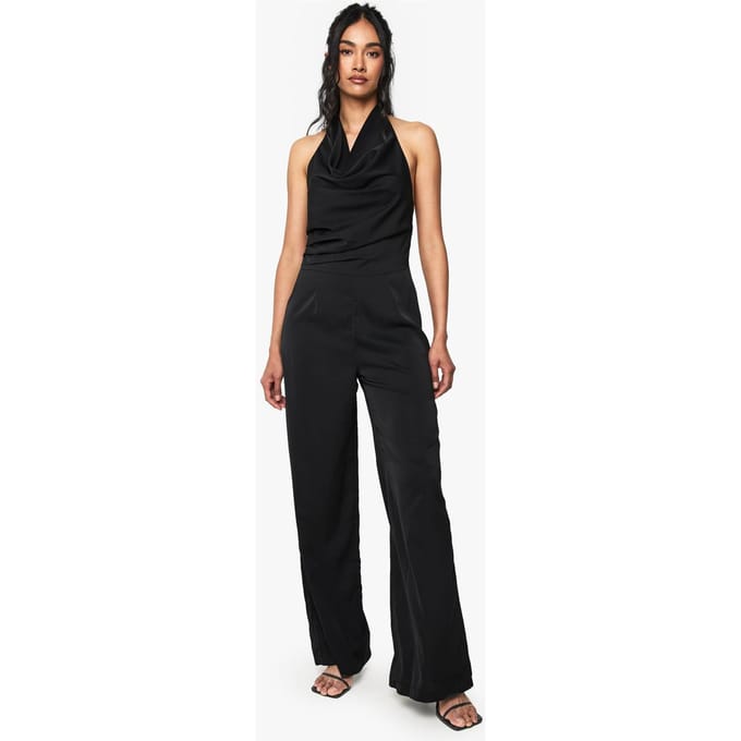 boohoo Dames Satijnen jumpsuit met vallende hals | Black | Maat: 8