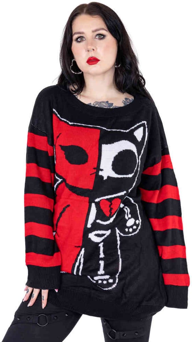 Cupcake Cult - Half Dead Cat Gebreide trui - XL - Zwart/Rood