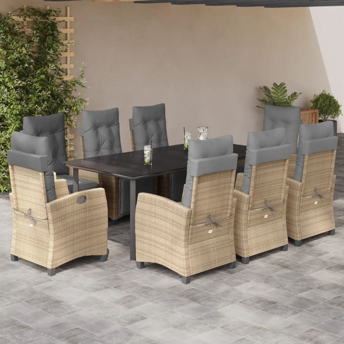 vidaXL - 9-delige - Tuinset - met - kussens - poly - rattan - gemengd - beige