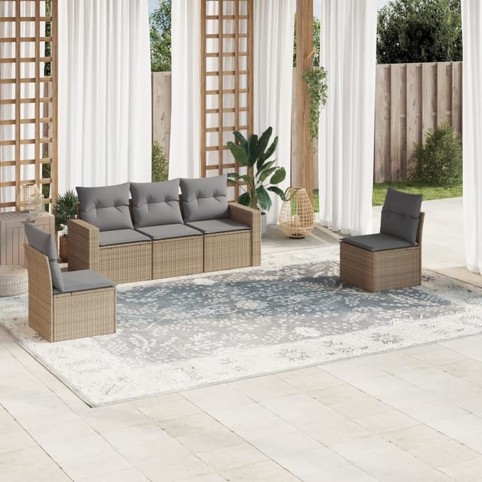 vidaXL - 5-delige - Loungeset - met - kussens - poly - rattan - beige