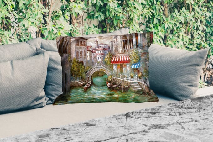Buitenkussens - Schilderij - Water- Italië - Boot - Architectuur - Olieverf - 60x40 cm - Weerbestendig