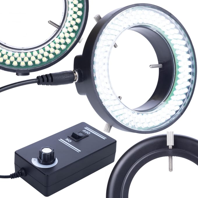 Rosfix Mikroscooplamp Regelbaar - 144xLED - Dimmer, Voeding - Ring Ø60–95 mm, Koel, Gelijkmatig