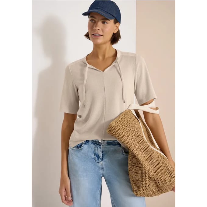 Blouse met korte mouwen, gespleten hals en linten