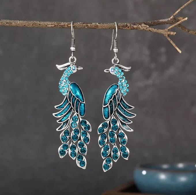 Oorbellen pauwen met strass blauw