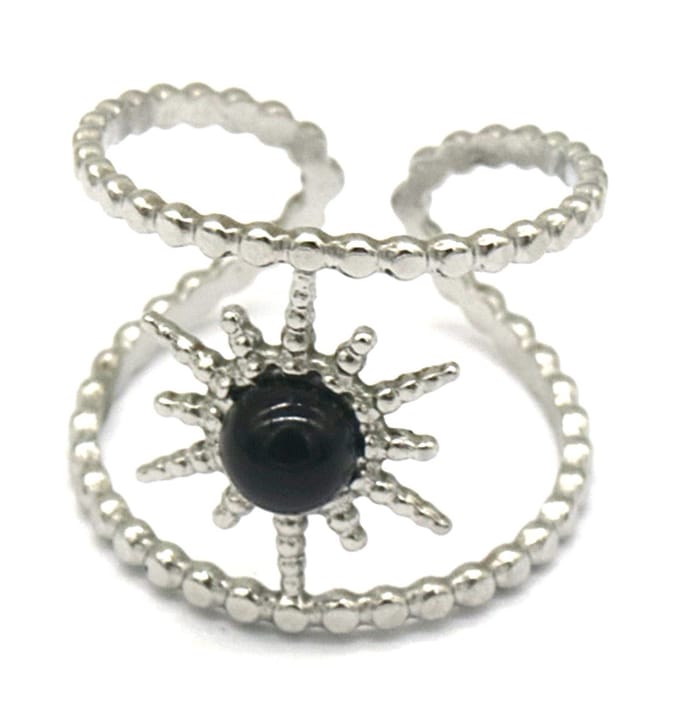 Ring - Ster met Steen - RVS - One Size - Agaat Zwart - Zilverkleurig