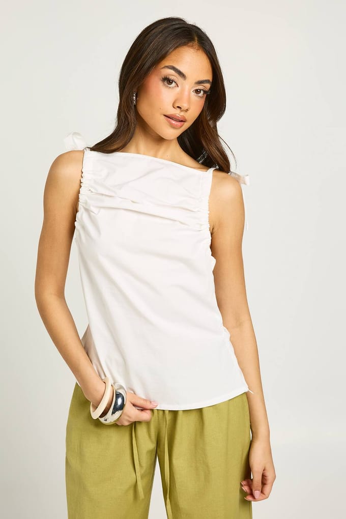 boohoo Dames Poplin Top Met Strikschouders | Wit | Maat: 38