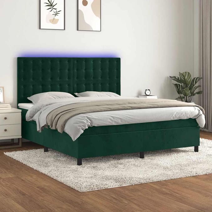 vidaXL - Boxspring - met - matras - en - LED - fluweel - donkergroen - 180x200 - cm
