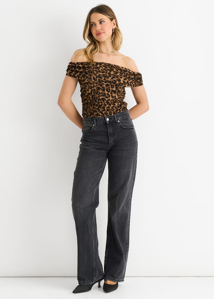 Bruine dierenprint bardot jersey top