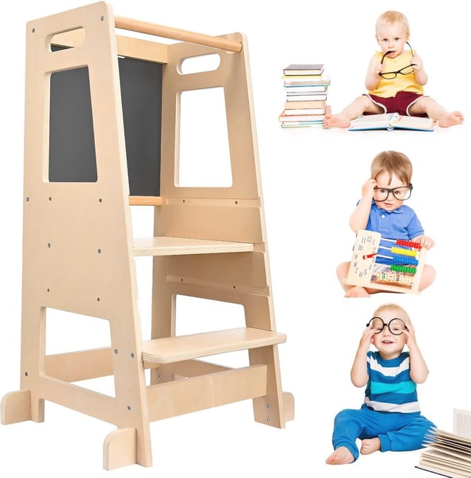 Montessori leertoren voor kinderen - 3 instelbare hoogtes, keukenhulp met bord
