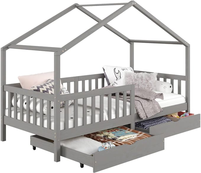 Huisbed ELEA, 90 x 200 cm, van massief grenenhout met lades - grijs