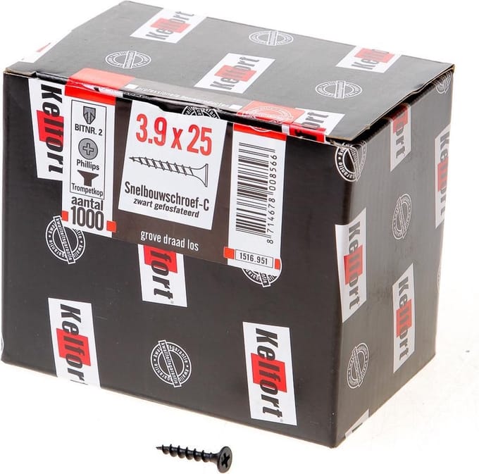 Kelfort Snelbouwschroef gefosfateerd met trompetkop phillips s 3.9 x 25mm