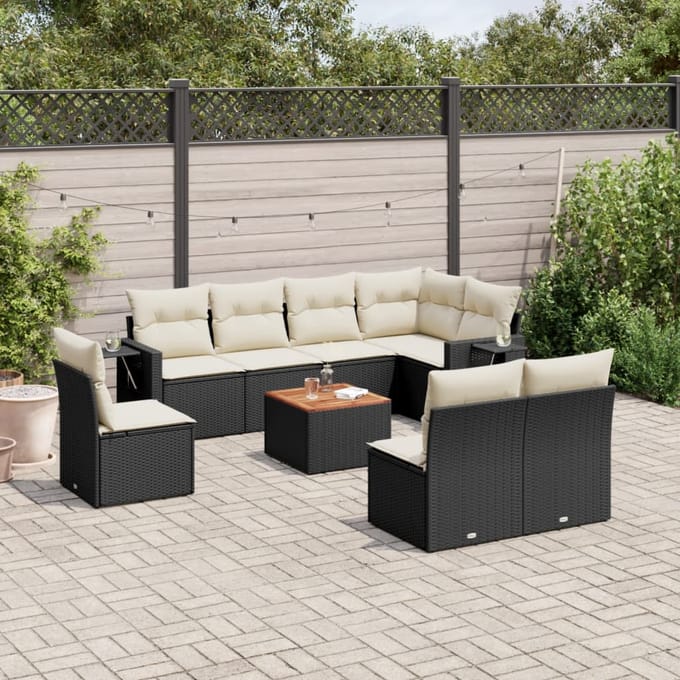 vidaXL - 9-delige - Loungeset - met - kussens - poly - rattan - zwart