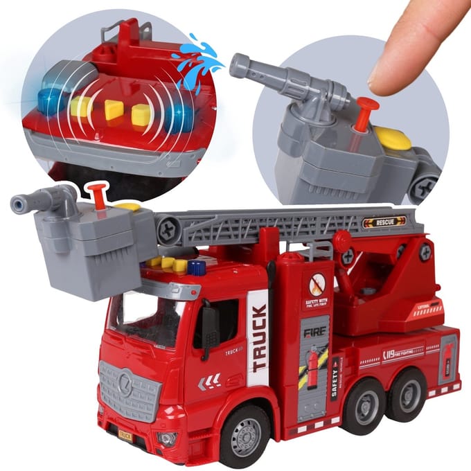 Brandweerwagen met UITSCHUIFBARE LADDER, Brandweerlieden voor kinderen LICHT, GELUID, pull&back functie 3+