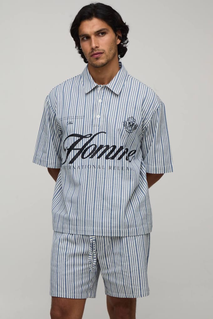 Oversized Polo Shirt En Short Set Met Korte Mouwen En Streepdessin | Blue | Size Medium