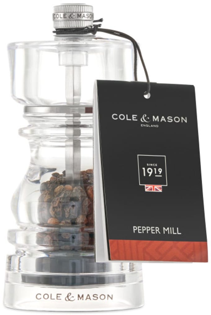 Cole & Mason London Pepermolen – 13 cm – Transparant Acryl – Koolstofstaal Precision Maalwerk