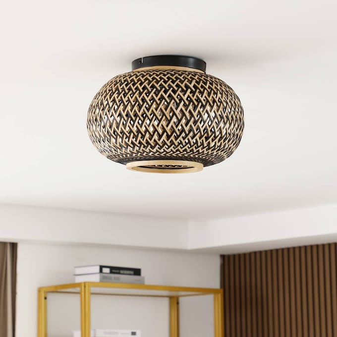 Lindby - plafondlamp - 1licht - Bamboe, ijzer - H: 25.8 cm - E27 - zwart, donker hout
