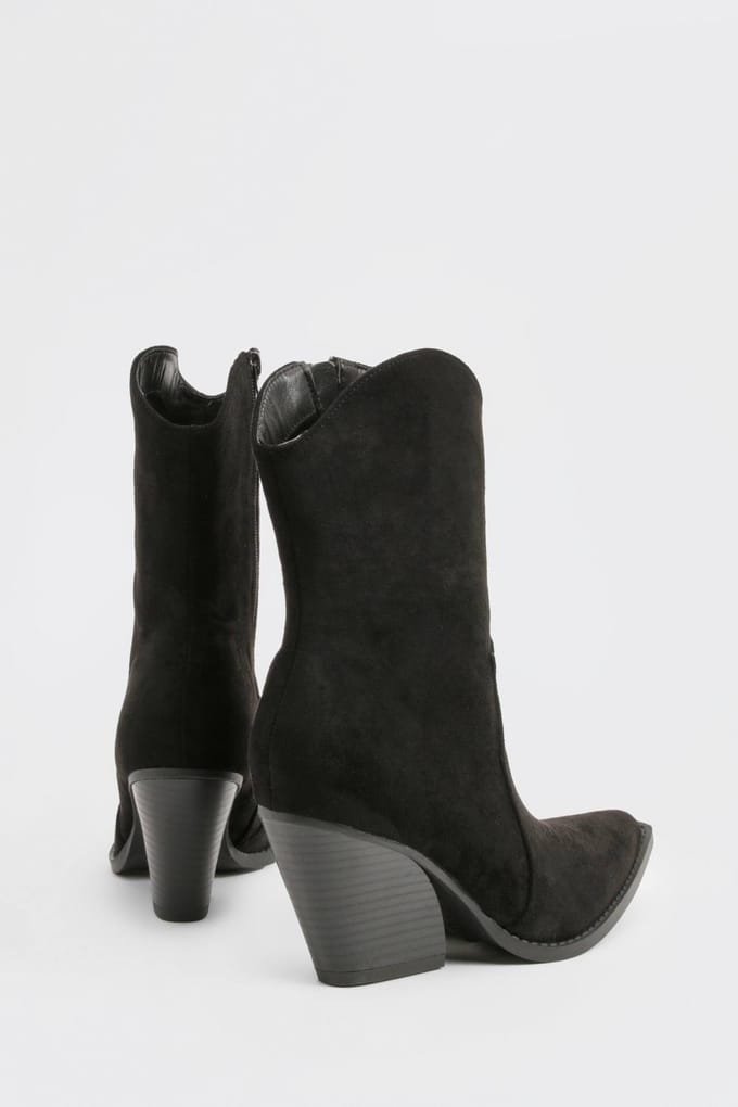 boohoo Dames Faux Suede Calf High Western Boots | Black | Maat: 3