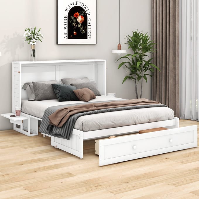 MODFU Bedframe 140x200 cm – wit – omvouwbaar tot kast met lade en 2 zijplanken