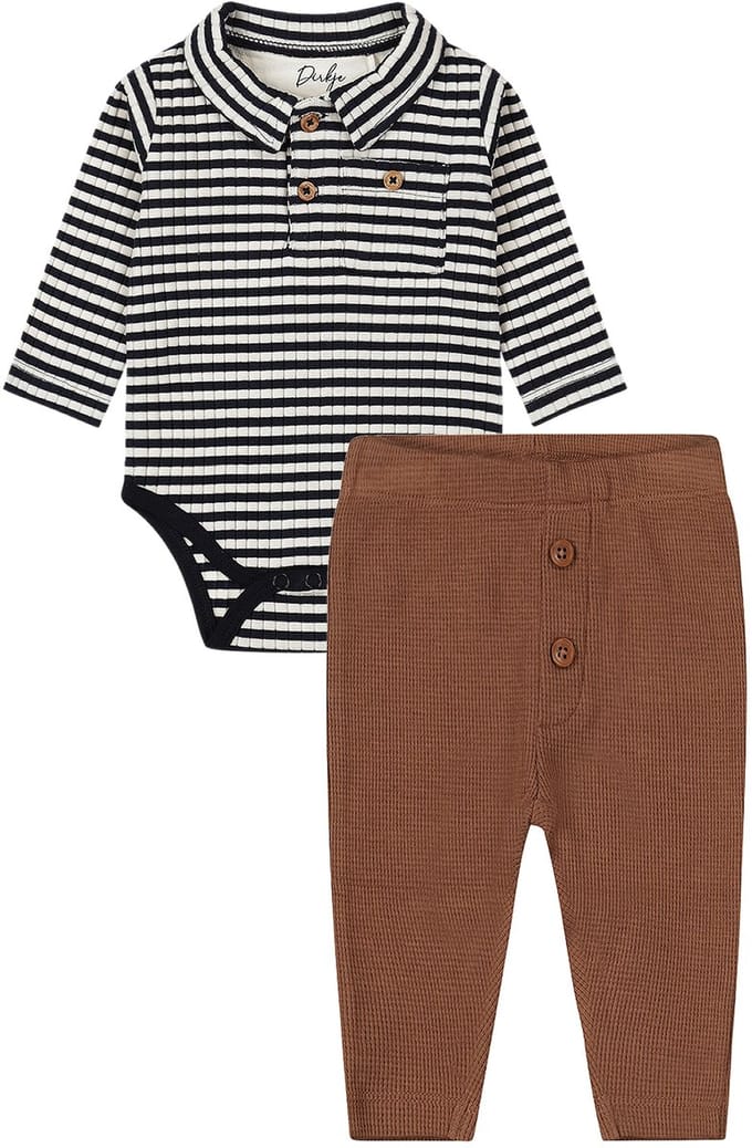 Dirkje - Basic Collection - BIO COTTON - Broekje Bruin wafeltjes met knopen - Romper Shirt gestreept - Maat 86