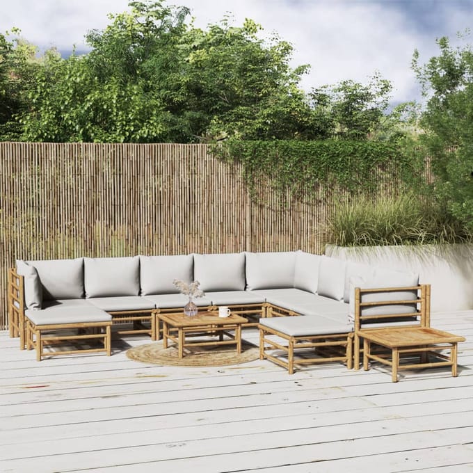 vidaXL - 12-delige - Loungeset - met - kussens - bamboe - lichtgrijs