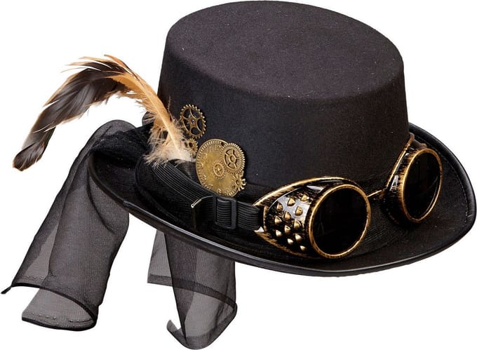 Steampunk hoge hoed zwart met stofbril