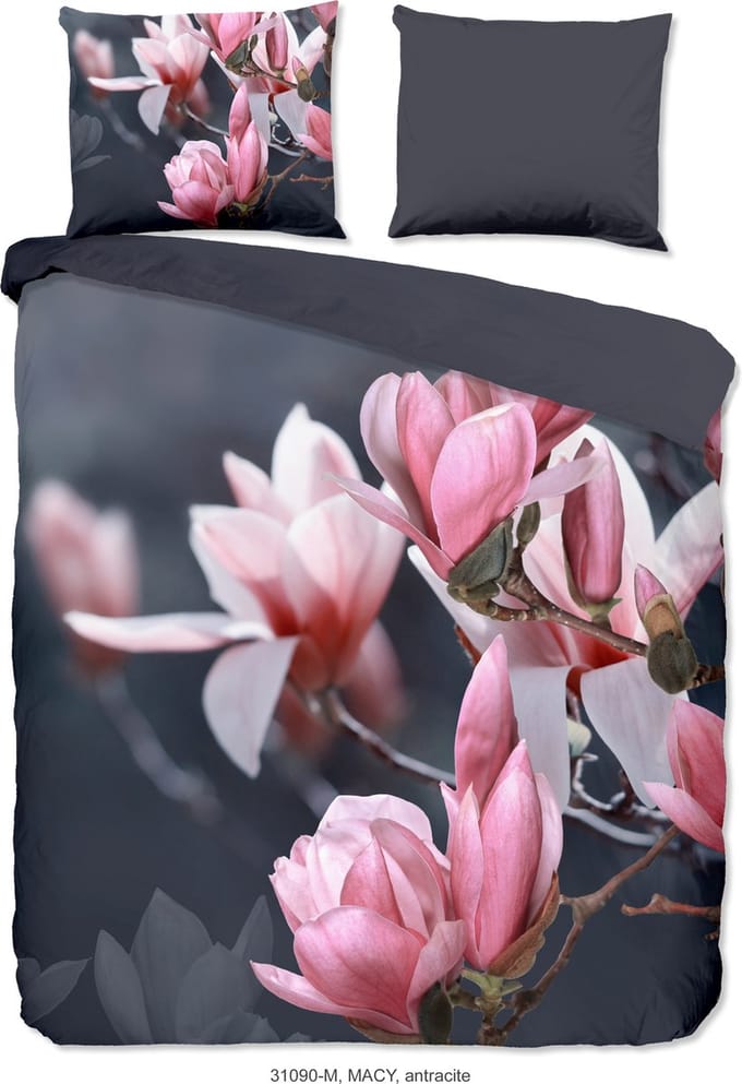 Pure dekbedovertrek magnolia bloemen - 2 persoons 200x200/220 cm - Antraciet - Microvezel