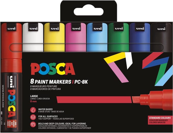 Uni POSCA paintmarker PC-8K | 8 mm | etui van 8 stuks in basiskleuren