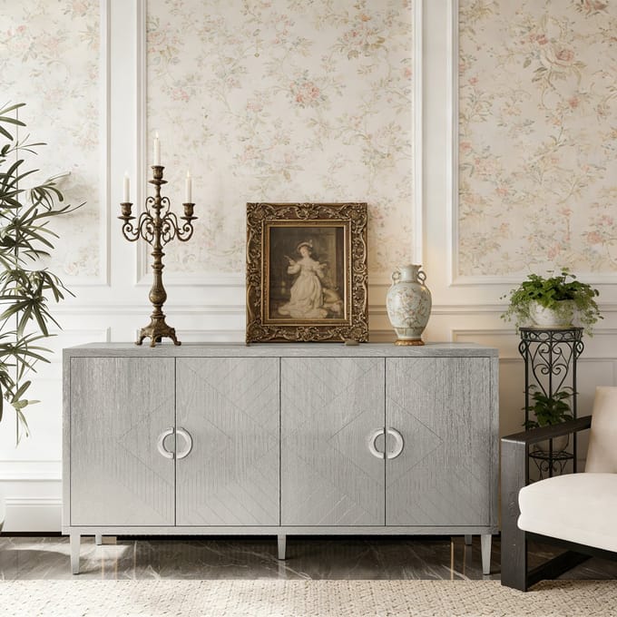 Dressoir - 152 cm - Met 4 Deuren en Grenen Poten - Stijlvol en Functioneel - MDF - Champagne