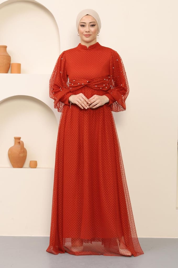 Parel Detailed Tule Avondjurk Terracotta
