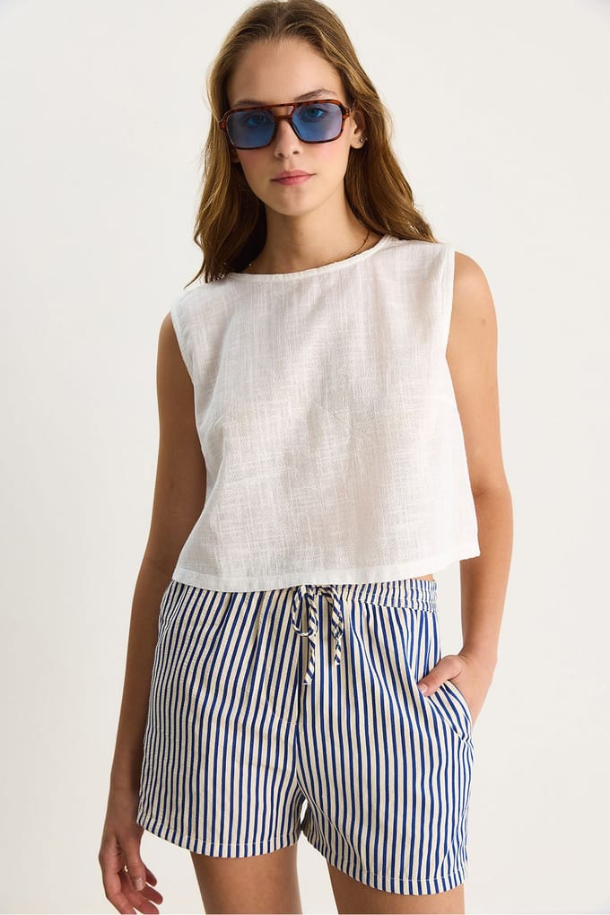 Linnenmix Korte Mouwen Crew Neck Blouse