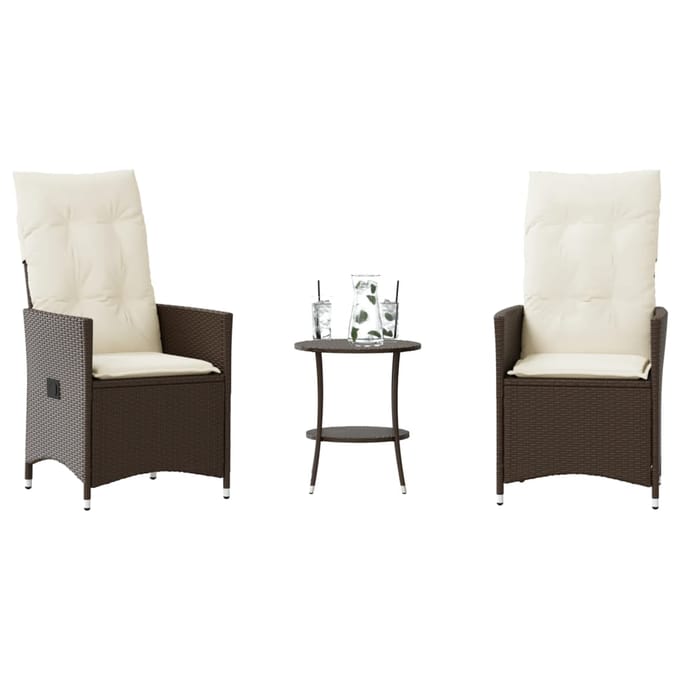 vidaXL - 3-delige - Bistroset - met - kussens - poly - rattan - bruin