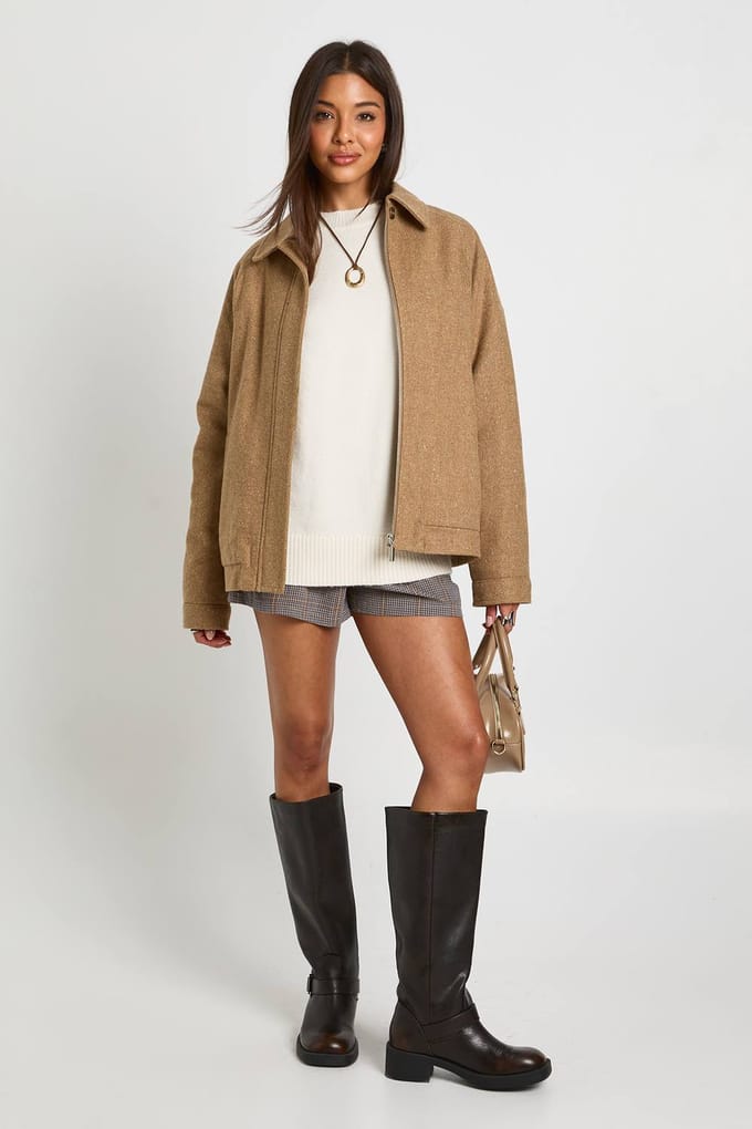 boohoo Dames Wolblend Ritsfront Jas | Tan | Maat: 8